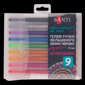 Набір гелевих ручок збільшеного об'єму чорнила SANTI Glitter 9 штук 420471 фото